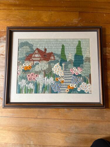 Framed Floral Embroidery with Florals and Cottage 15x17