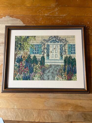 Framed Floral Embroidery with Florals and Door 18x14