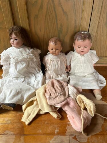 Trio of Baby Dolls and Bisque-Head Doll in Antique-Style Dresses