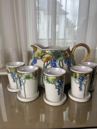 Hand-Painted Limoges Pitcher and J&C Bavaria Cups Grapevine Motif
