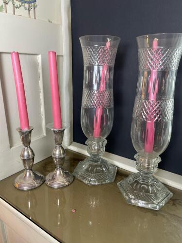 Colonial Candle Silver Candlesticks and Cut Glass Hurricane Shades