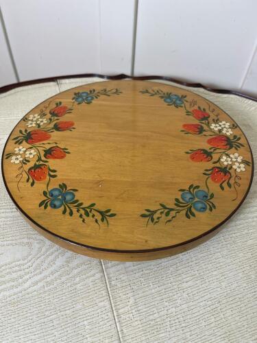 Hand Painted Folk Art Wooden Lazy Susan, Signed 1985