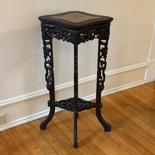 Carved Wood Plant Stand with Stone Inset Top
