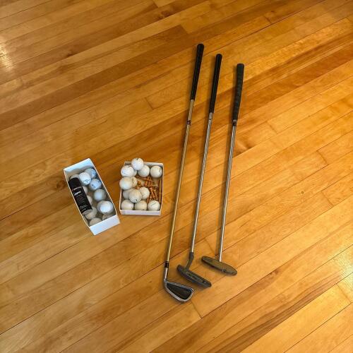 Mixed Golf Clubs, Golf Balls, Tees, and Leather Conditioner