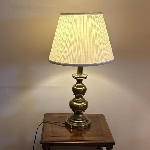 Brass-Tone Table Lamp With Pleated Shade