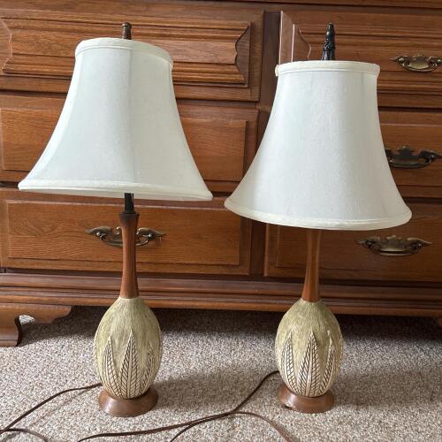 Pair of MCM Wood & Ceramic Table Lamps