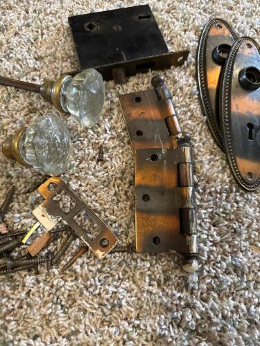 Vintage Glass Door Knobs, Brass Hardware, Hinges, and Plates