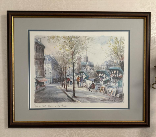 Framed Paris Street Scene Watercolor Lithograph by Lucien Delarue