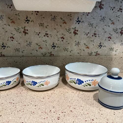 Vintage Style Floral Enamel Mixing Bowls and Lidded Sugar Bowl