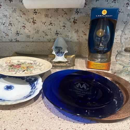 Assorted Decorative Plates, Glass Tray, and Oil Lamps