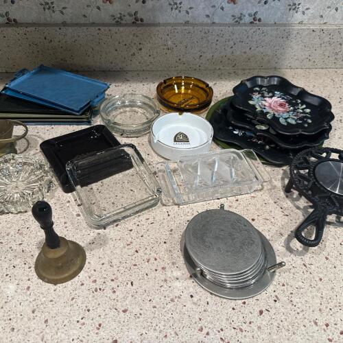 Mixed Vintage Decorative Trays, Ashtrays, Bell, and Trivet