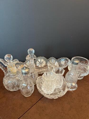 Assorted Pressed and Cut Glass Cruets, Dishes and Shakers