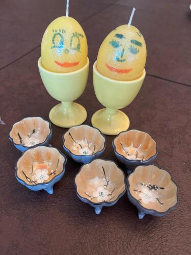 Japanese Floral Footed Salt Cellars with Yellow Egg Cups