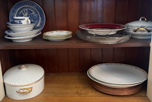 Ceramic Lot Including Blue and White Plates and Lidded Dish