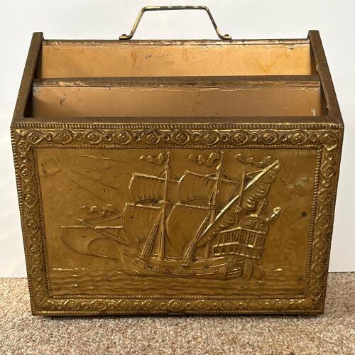 Vintage Brass Embossed Magazine Holder with Ship Motif