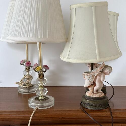 Two Sets of Lamps with Floral & Cherub Motifs