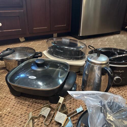 Assorted Kitchen Appliances: Skillet, Percolator, Steamer, Slow Cooker, Pressure Cooker