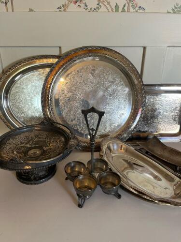 Silver-Plated Serving Trays, Compote, Egg Cup Holder, and Bowls