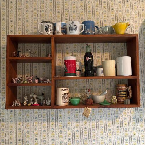 Wooden Wall Shelf with Animal Figurines & Vintage Mugs
