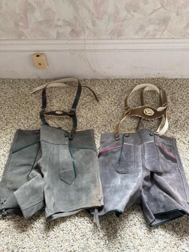 Two Pairs of Child-Size Suede Lederhosen Shorts With Suspenders