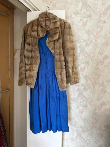 Vintage Blue Pleated Dress and Faux Fur Jacket