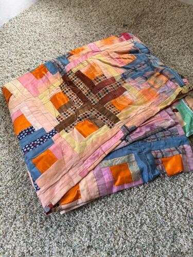 Vintage Silk Patchwork Quilt in Log Cabin Pattern