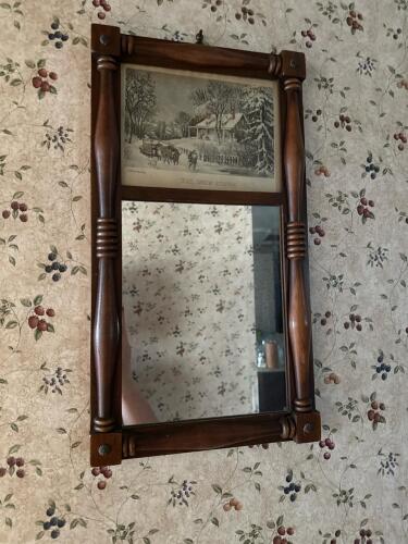 Currier & Ives-Style Wood Framed Mirror with Snow Storm Print