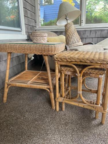 Wicker Side Table and Pair of Wicker Nesting Side Tables