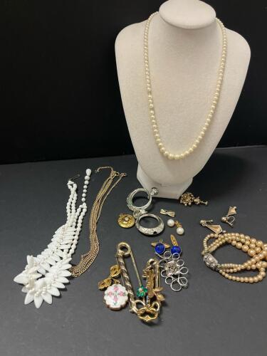 Assorted Vintage Costume Jewelry Including Beaded Necklaces and Brooches