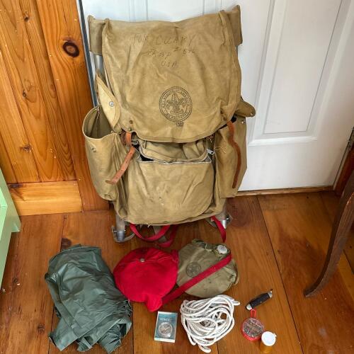Vintage Boy Scout Backpack, Camping Gear and Uniform Accessories Lot