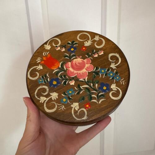 Round Wooden Box with Painted Floral Design