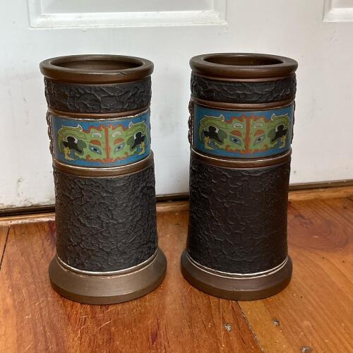 Pair of Japanese Metal Vases with Decorative Bands