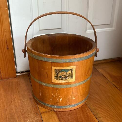 Wooden Bucket with Swing Handle and Winter Scene