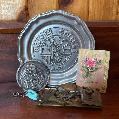 Assorted Vintage Collectibles: Beaver College Plate, Keys, Paperweight, Card