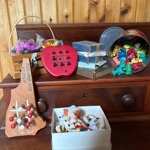 Assorted Vintage Small Toys, Card Games, and Animal Figures