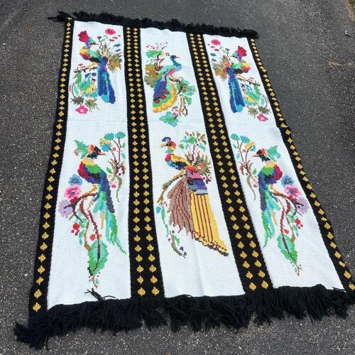 Bird and Floral Needlework Textile with Fringe