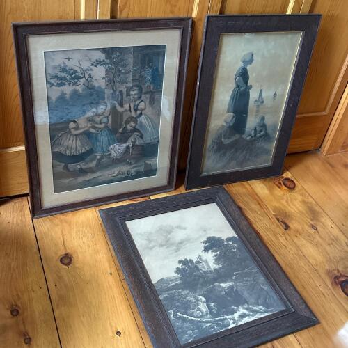 Three Vintage Framed Prints with Children, Coastal and Landscape Scenes
