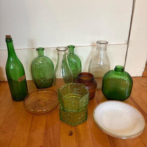 Assorted Vintage Glass Bottles and Dishes