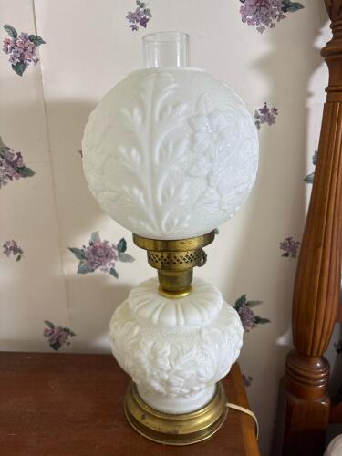 Electric Milk Glass Lamp With Embossed Floral Globe