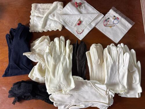 Vintage Ladies' Gloves and Embroidered Handkerchiefs in Cases