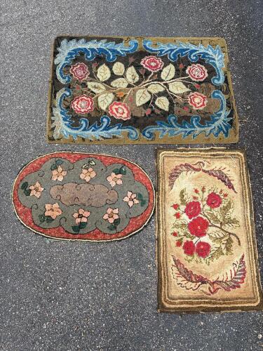 Three Antique Hooked Rugs, Floral and Foliate-Style Designs