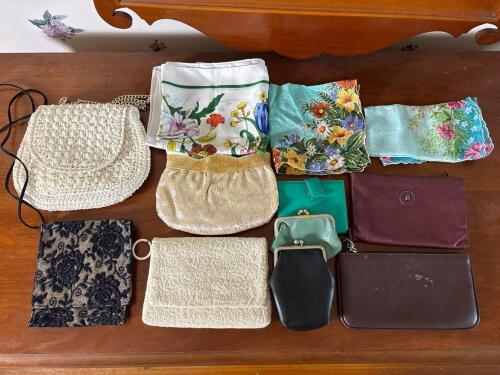 Assorted Small Purses, Clutches, and Floral Handkerchiefs