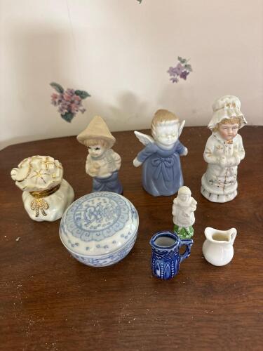 Assorted Miniature Porcelain Figurines, Trinket Boxes, and Pitchers