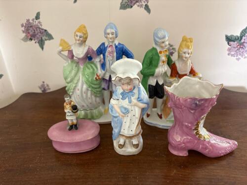 Porcelain Figurines and Trinket Box, Victorian-Style