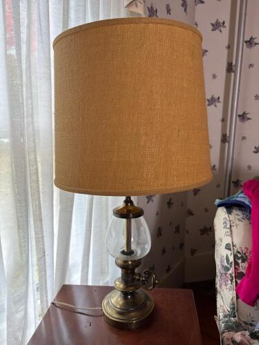 Brass and Glass Table Lamp with Drum Shade, Mid-Century Style