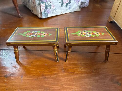 Pair of Hand-Painted Floral Wooden Footstools