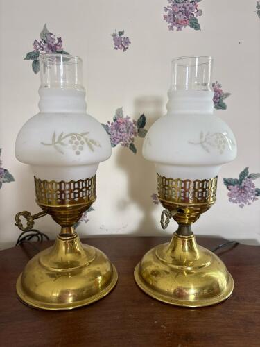 Pair of Brass Table Lamps with Frosted Glass Shades