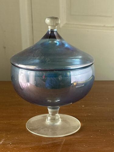 Iridescent Blue Art Glass Covered Compote Dish