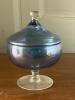 Iridescent Blue Art Glass Covered Compote Dish