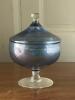 Iridescent Blue Art Glass Covered Compote Dish - 2